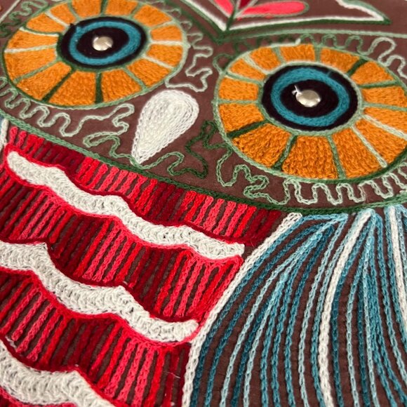 Pier 1 Imports Embroidered Fabric Owl Wall Art Pom Pom‎ Trim Retro 70s Inspired - Picture 2 of 8